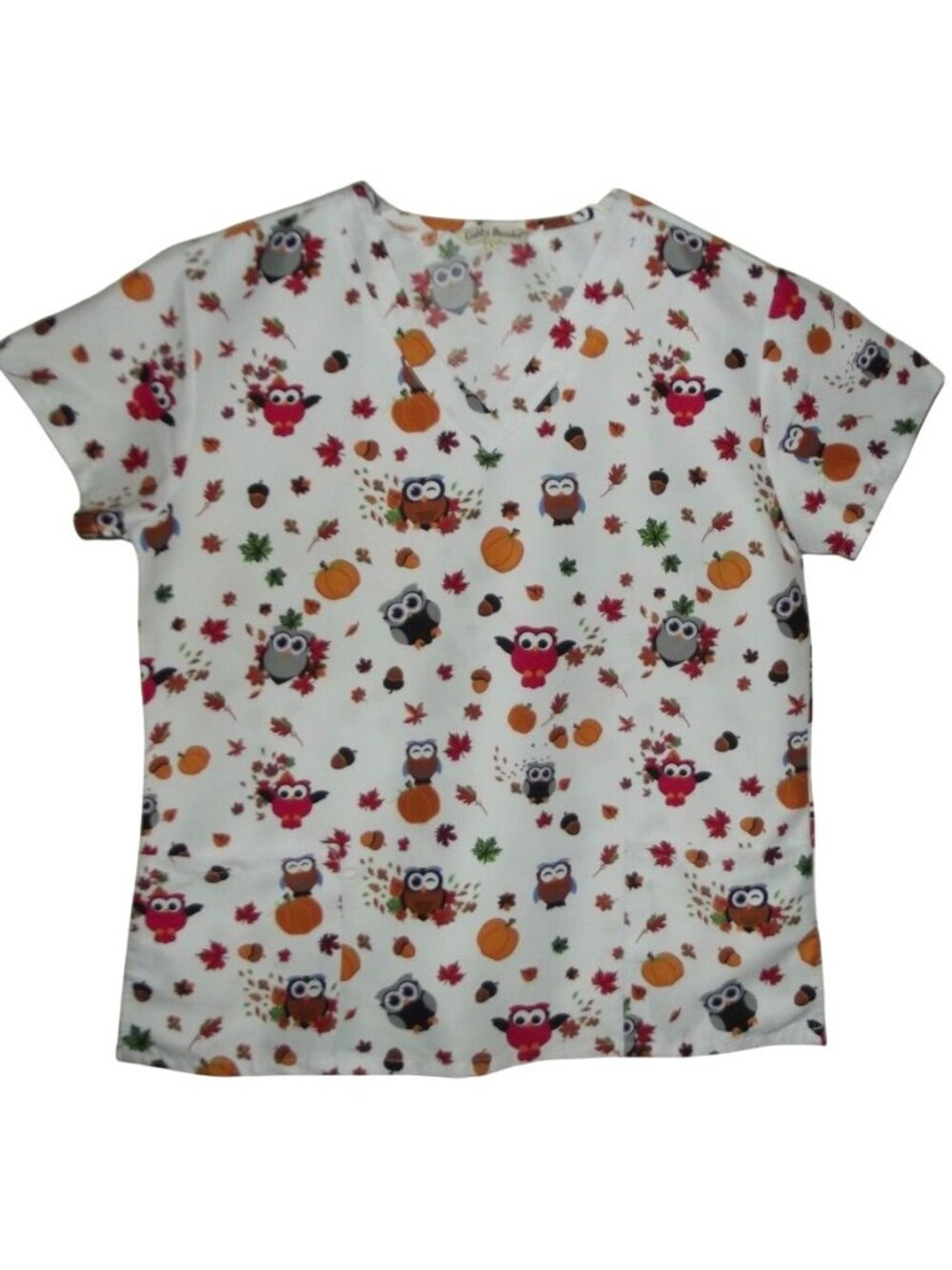 Gabby Brooke Scrub Top Womens Size Large Pumpkins Owls Fall v-neck pockets